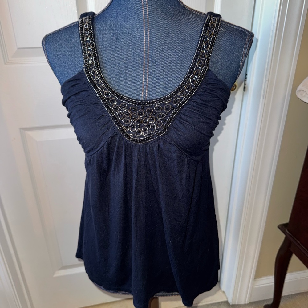 Cynthia Rowley Embellished Navy Sleeveless Top Y2K sz S